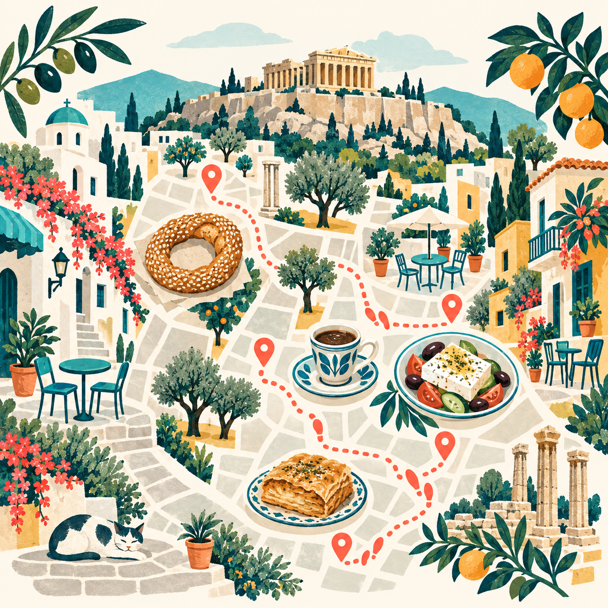 An illustrated Athens food map with winding streets, coffee, bread and pastry.